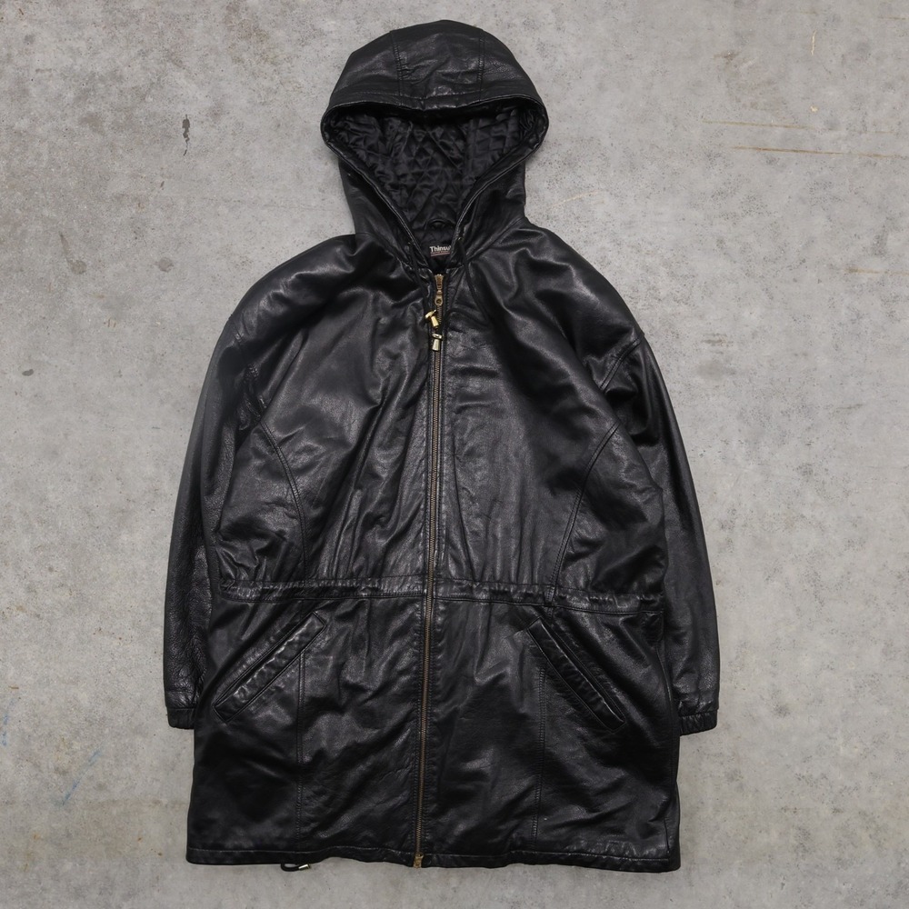Wilsons Leather Womens Large Black Leather Hooded Coat Thinsulate Full Zip